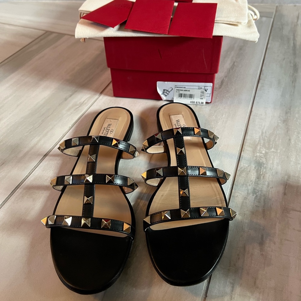 Valentino Black Leather Studded Sandals 6.5